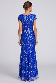 Royal Blue Mermaid Floral Sparkly Sequins Long Formal Dress with Sleeves