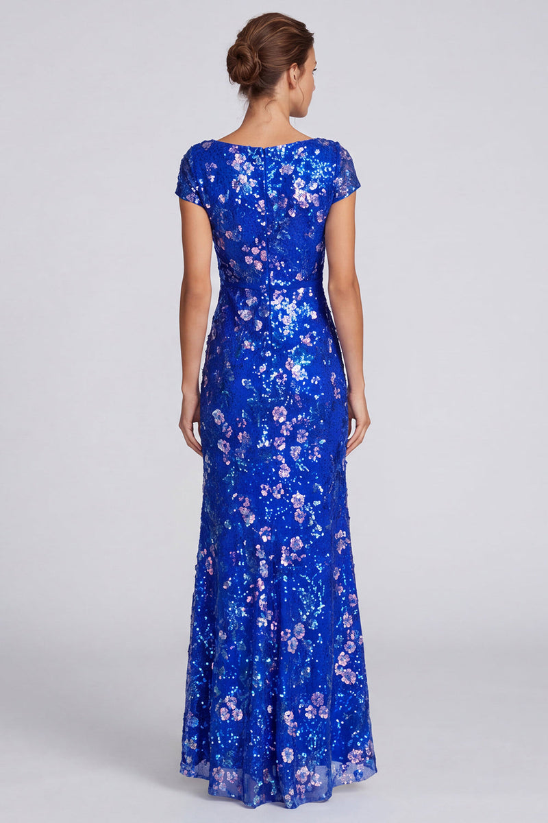Load image into Gallery viewer, Royal Blue Mermaid Floral Sparkly Sequins Long Formal Dress with Sleeves