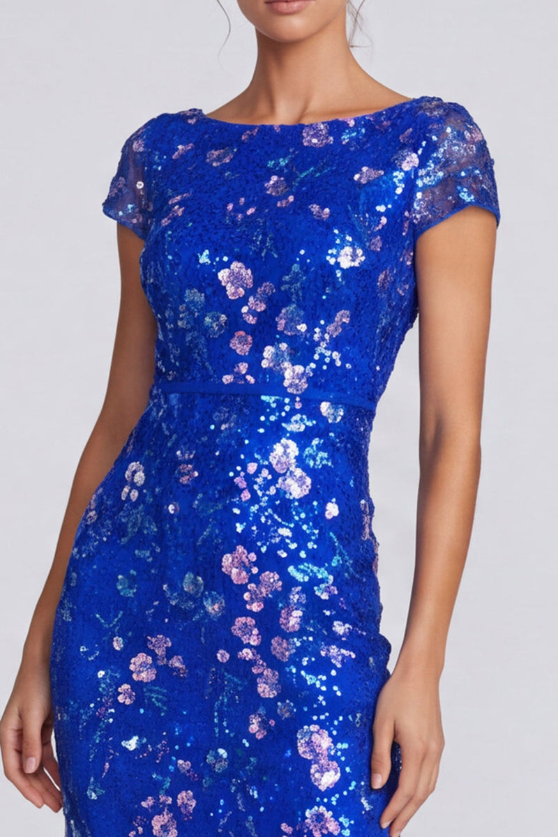 Load image into Gallery viewer, Royal Blue Mermaid Floral Sparkly Sequins Long Formal Dress with Sleeves
