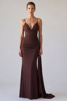 Load image into Gallery viewer, Simple Brown Spaghetti Sraples Mermaid Long Formal Dress with Sash