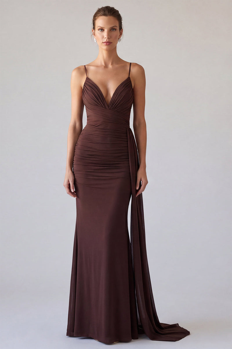 Load image into Gallery viewer, Simple Brown Spaghetti Sraples Mermaid Long Formal Dress with Sash
