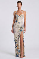 Load image into Gallery viewer, Floral Ivory Halter Ruched Corset Long Formal Dress with Slit