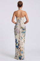 Load image into Gallery viewer, Floral Ivory Halter Ruched Corset Long Formal Dress with Slit