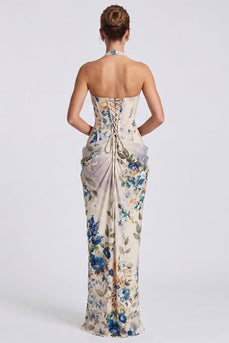 Floral Ivory Halter Ruched Corset Long Formal Dress with Slit