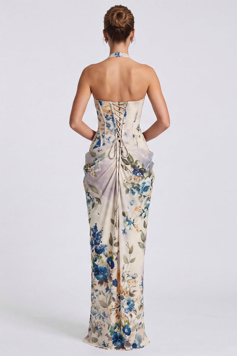 Load image into Gallery viewer, Floral Ivory Halter Ruched Corset Long Formal Dress with Slit