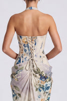 Load image into Gallery viewer, Floral Ivory Halter Ruched Corset Long Formal Dress with Slit