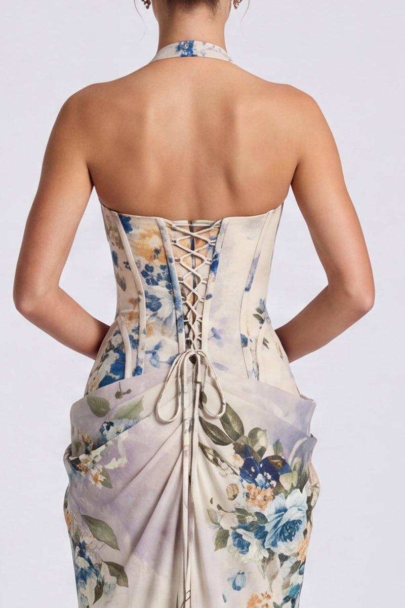 Load image into Gallery viewer, Floral Ivory Halter Ruched Corset Long Formal Dress with Slit