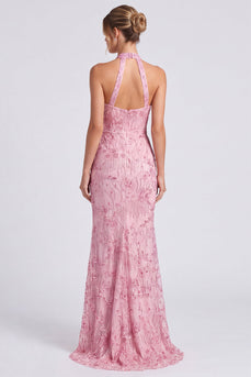 Sparkly Pink Floral Mermaid Beaded Long Formal Dress with Keyhole