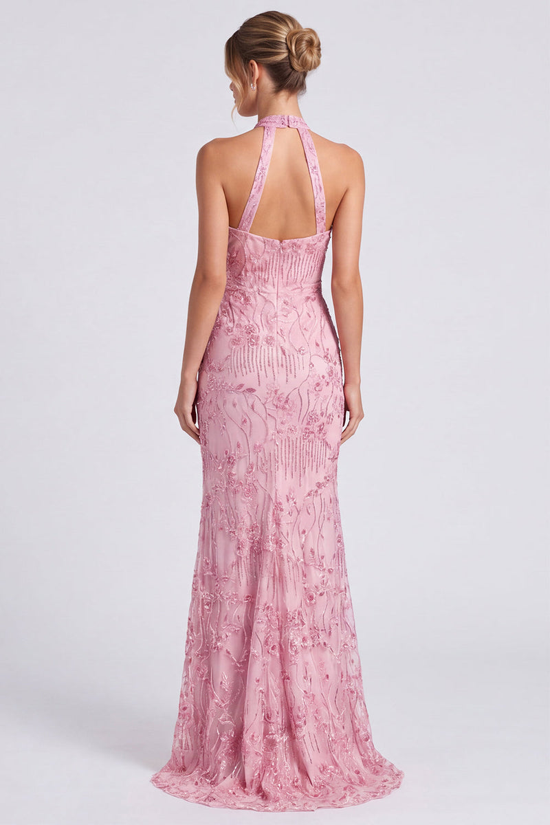 Load image into Gallery viewer, Sparkly Pink Floral Mermaid Beaded Long Formal Dress with Keyhole