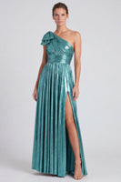 Load image into Gallery viewer, Gold Metallic Ruched A Line Long Formal Dress with Bow