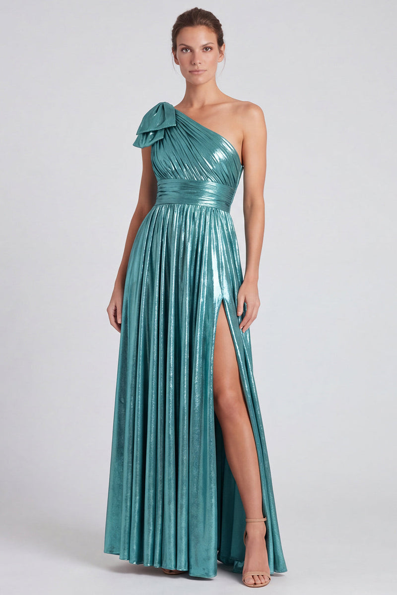 Load image into Gallery viewer, Gold Metallic Ruched A Line Long Formal Dress with Bow