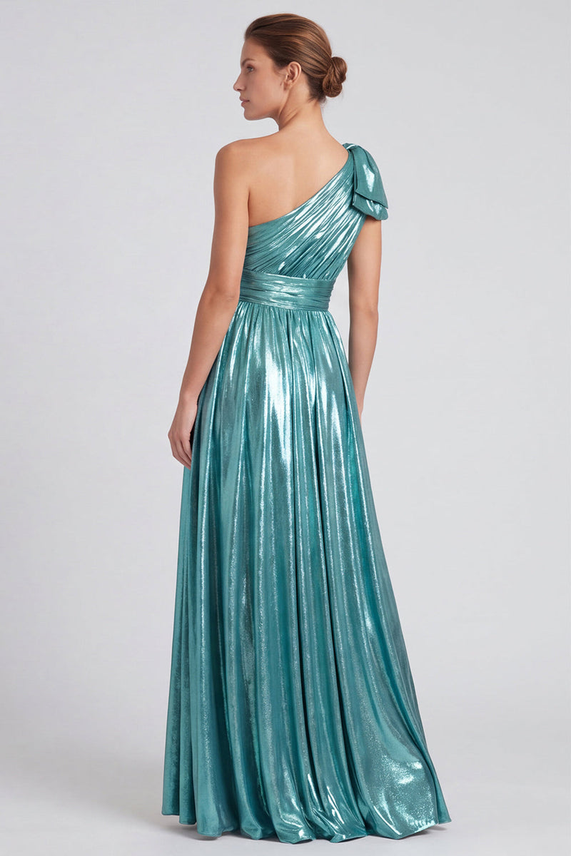 Load image into Gallery viewer, Gold Metallic Ruched A Line Long Formal Dress with Bow