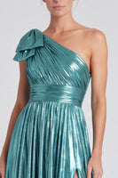 Load image into Gallery viewer, Gold Metallic Ruched A Line Long Formal Dress with Bow