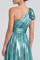 Load image into Gallery viewer, Gold Metallic Ruched A Line Long Formal Dress with Bow
