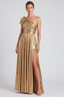 Load image into Gallery viewer, Gold Metallic Ruched A Line Long Formal Dress with Bow