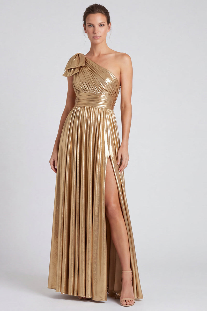 Load image into Gallery viewer, Gold Metallic Ruched A Line Long Formal Dress with Bow