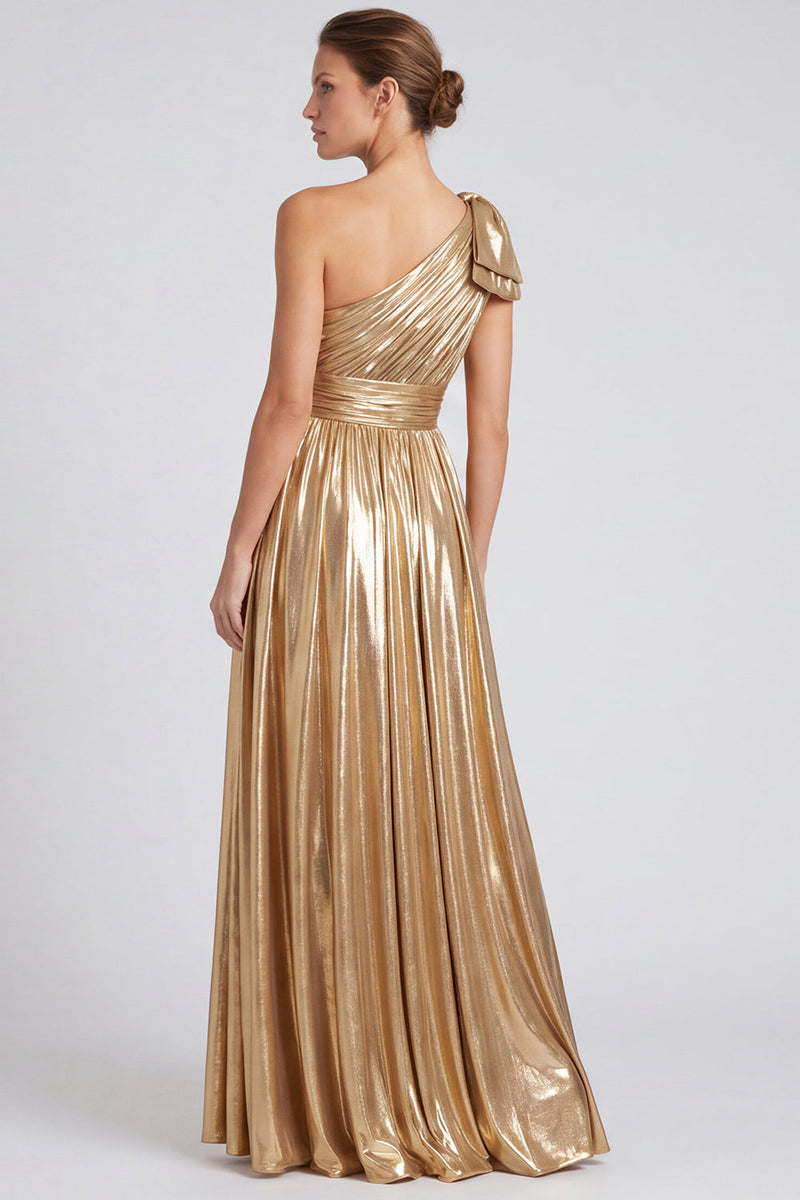 Load image into Gallery viewer, Gold Metallic Ruched A Line Long Formal Dress with Bow