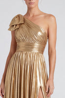 Load image into Gallery viewer, Gold Metallic Ruched A Line Long Formal Dress with Bow