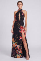 Load image into Gallery viewer, Black Halter Floral A Line Long Formal Dress with Keyhole