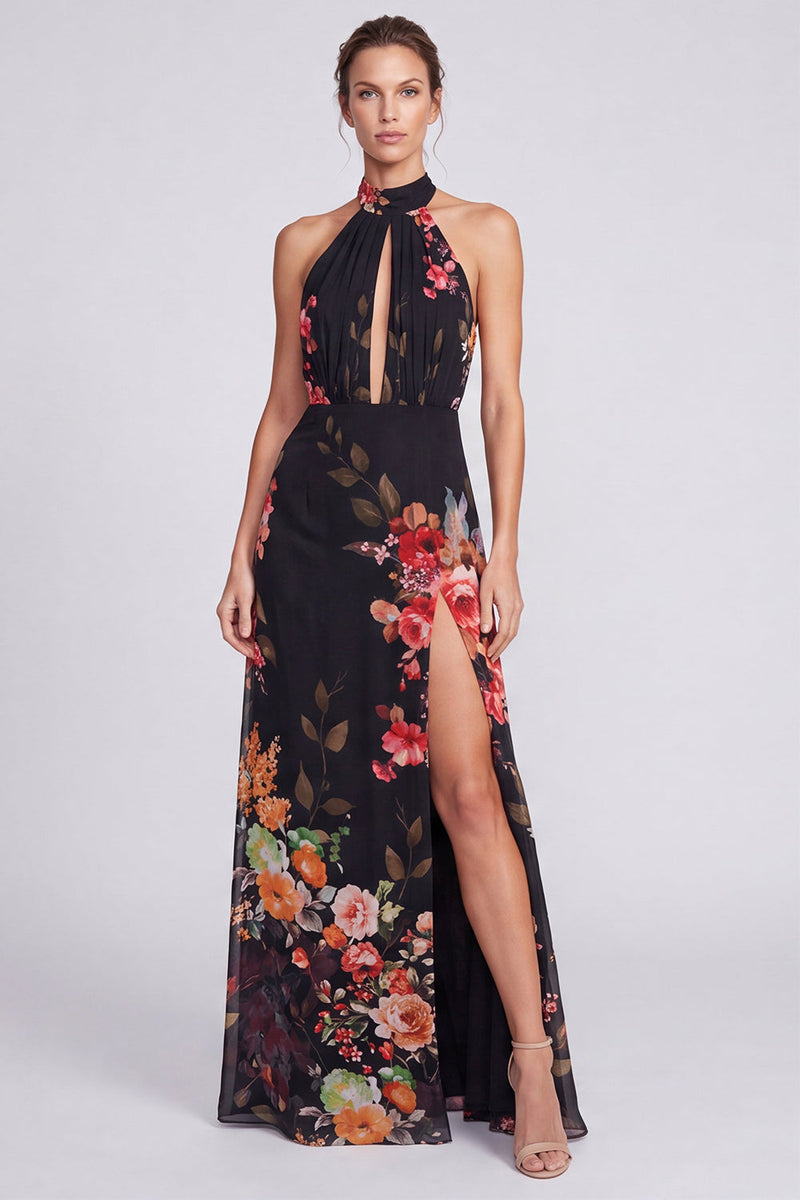 Load image into Gallery viewer, Black Halter Floral A Line Long Formal Dress with Keyhole