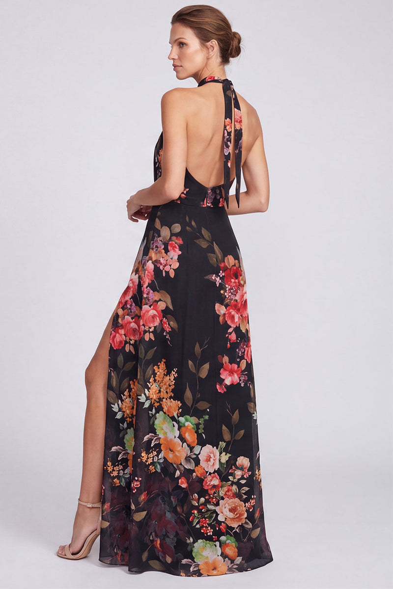 Load image into Gallery viewer, Black Halter Floral A Line Long Formal Dress with Keyhole