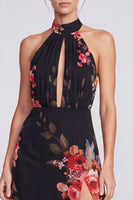 Load image into Gallery viewer, Black Halter Floral A Line Long Formal Dress with Keyhole