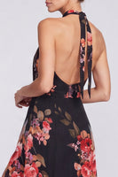 Load image into Gallery viewer, Black Halter Floral A Line Long Formal Dress with Keyhole