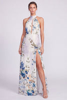 Load image into Gallery viewer, Black Halter Floral A Line Long Formal Dress with Keyhole