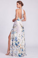 Load image into Gallery viewer, Black Halter Floral A Line Long Formal Dress with Keyhole