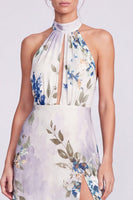 Load image into Gallery viewer, Black Halter Floral A Line Long Formal Dress with Keyhole