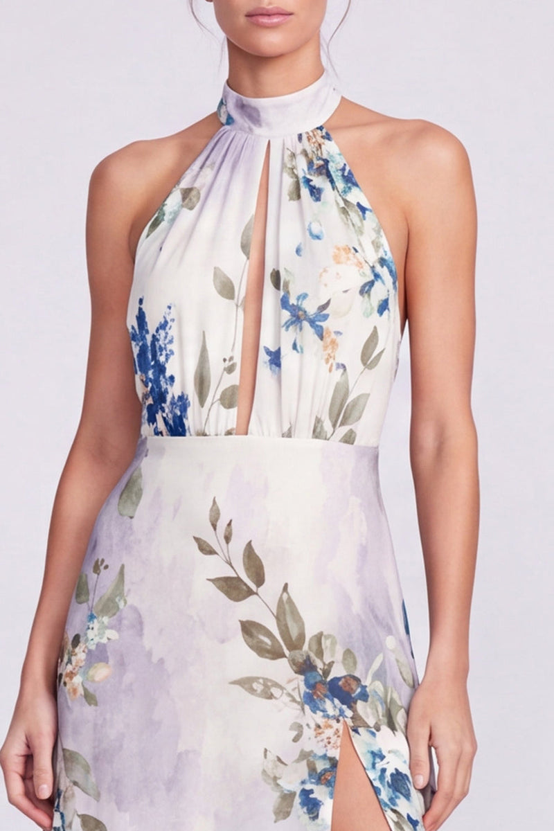 Load image into Gallery viewer, Black Halter Floral A Line Long Formal Dress with Keyhole