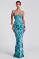 Load image into Gallery viewer, Blue Floral Mermaid Velvet Sweetheart Corset Long Formal Dress