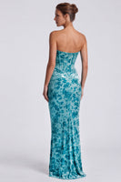 Load image into Gallery viewer, Blue Floral Mermaid Velvet Sweetheart Corset Long Formal Dress