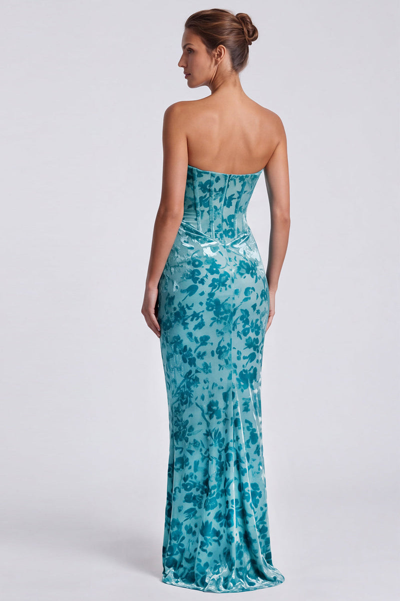 Load image into Gallery viewer, Blue Floral Mermaid Velvet Sweetheart Corset Long Formal Dress