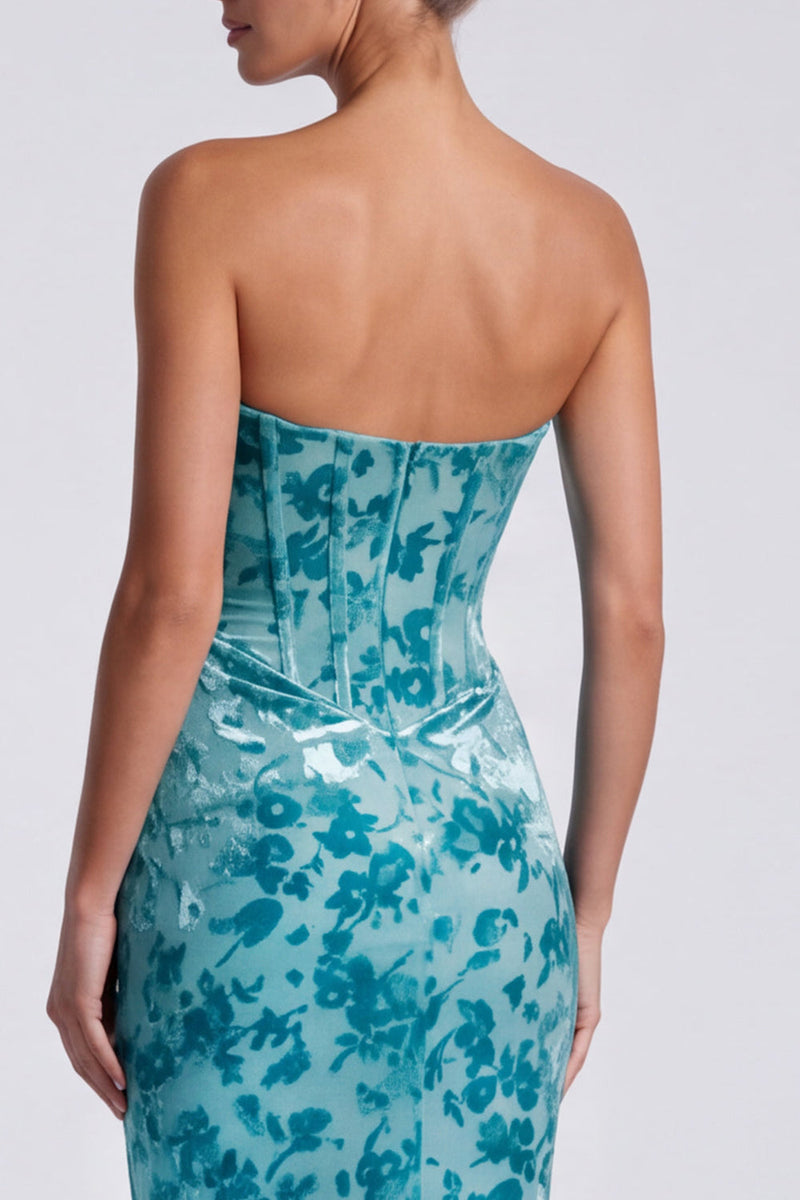 Load image into Gallery viewer, Blue Floral Mermaid Velvet Sweetheart Corset Long Formal Dress