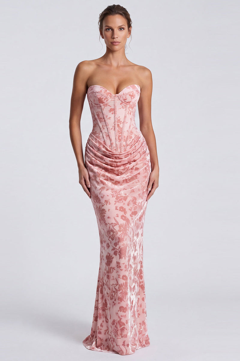 Load image into Gallery viewer, Blue Floral Mermaid Velvet Sweetheart Corset Long Formal Dress
