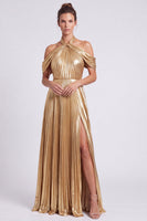 Load image into Gallery viewer, Gold Halter Metallic A Line Long Pleated Formal Dress with Slit