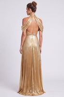 Load image into Gallery viewer, Gold Halter Metallic A Line Long Pleated Formal Dress with Slit
