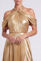 Load image into Gallery viewer, Gold Halter Metallic A Line Long Pleated Formal Dress with Slit