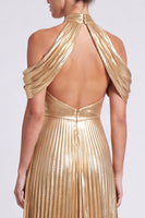 Load image into Gallery viewer, Gold Halter Metallic A Line Long Pleated Formal Dress with Slit