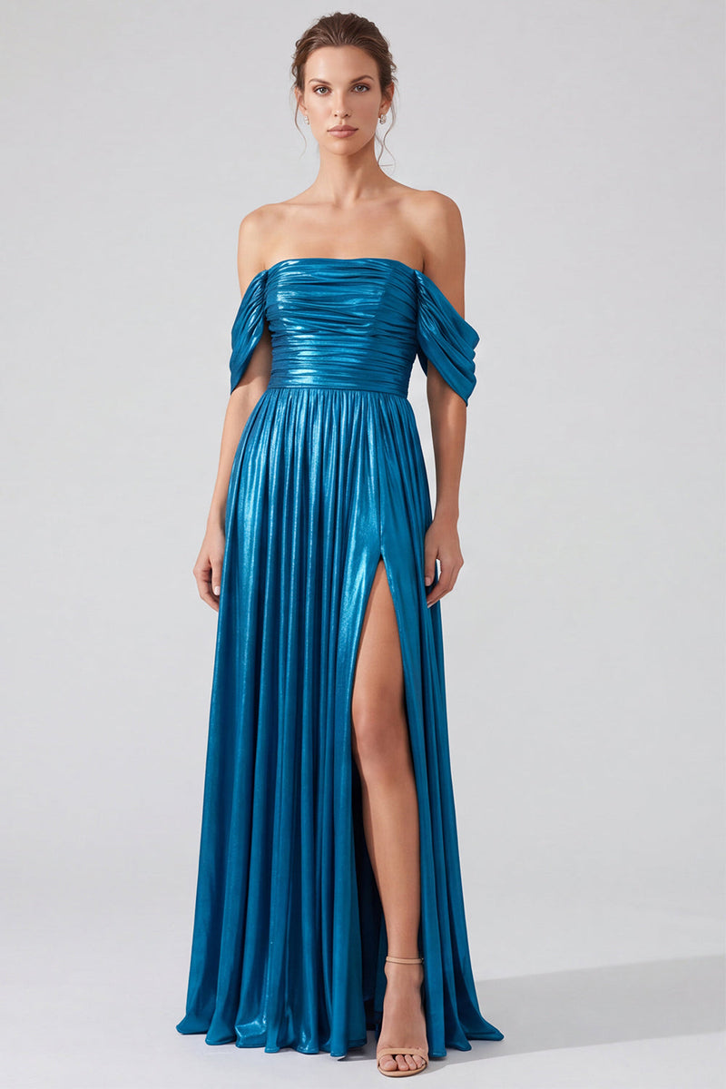 Load image into Gallery viewer, Gold Pleated Off The Shoulder A Line Long Formal Dress with Slit