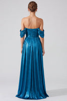 Load image into Gallery viewer, Gold Pleated Off The Shoulder A Line Long Formal Dress with Slit
