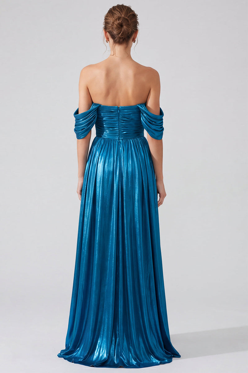 Load image into Gallery viewer, Gold Pleated Off The Shoulder A Line Long Formal Dress with Slit