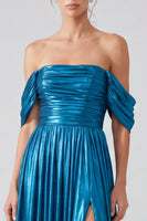 Load image into Gallery viewer, Gold Pleated Off The Shoulder A Line Long Formal Dress with Slit