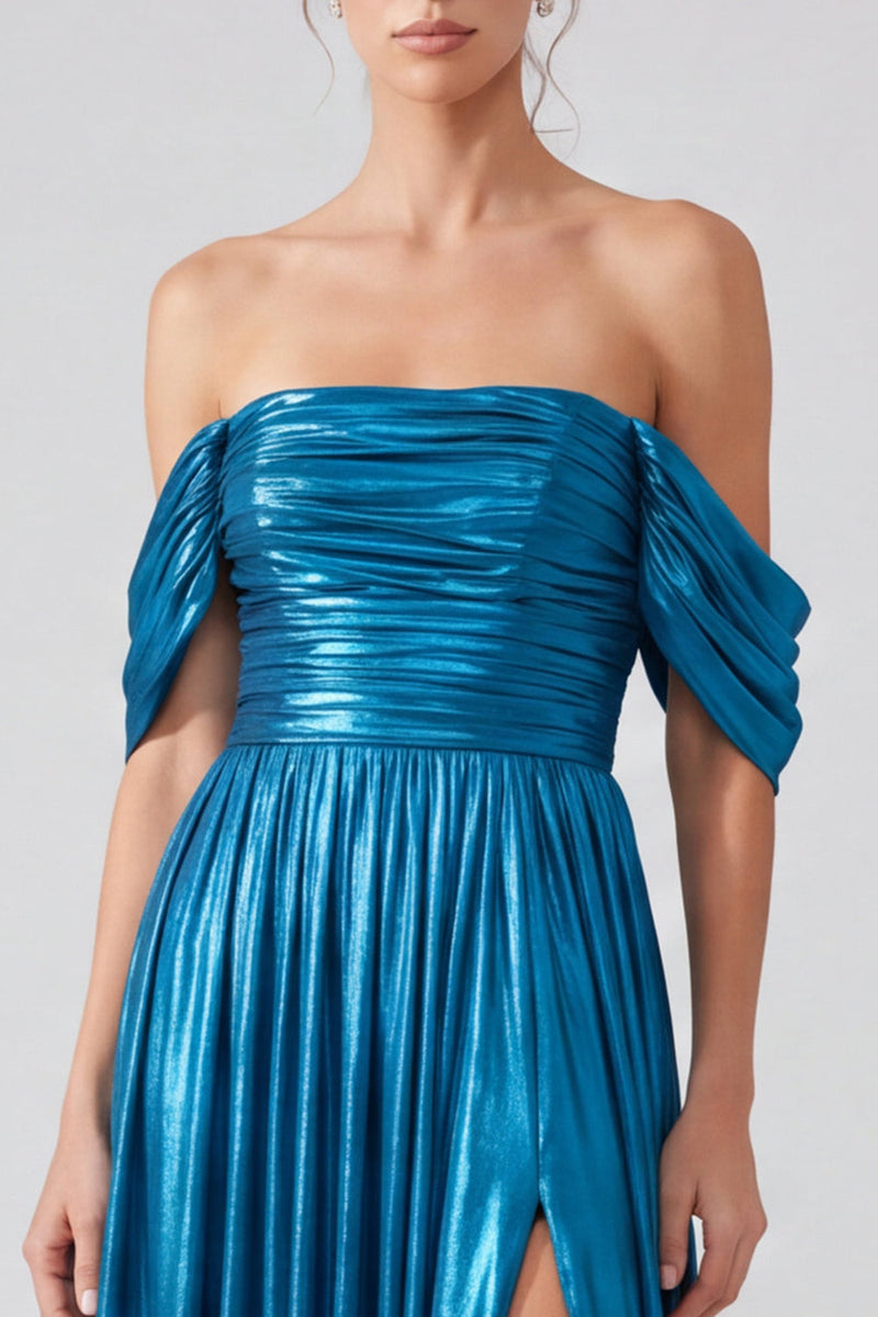 Load image into Gallery viewer, Gold Pleated Off The Shoulder A Line Long Formal Dress with Slit