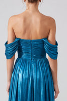 Load image into Gallery viewer, Gold Pleated Off The Shoulder A Line Long Formal Dress with Slit