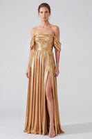 Load image into Gallery viewer, Gold Pleated Off The Shoulder A Line Long Formal Dress with Slit