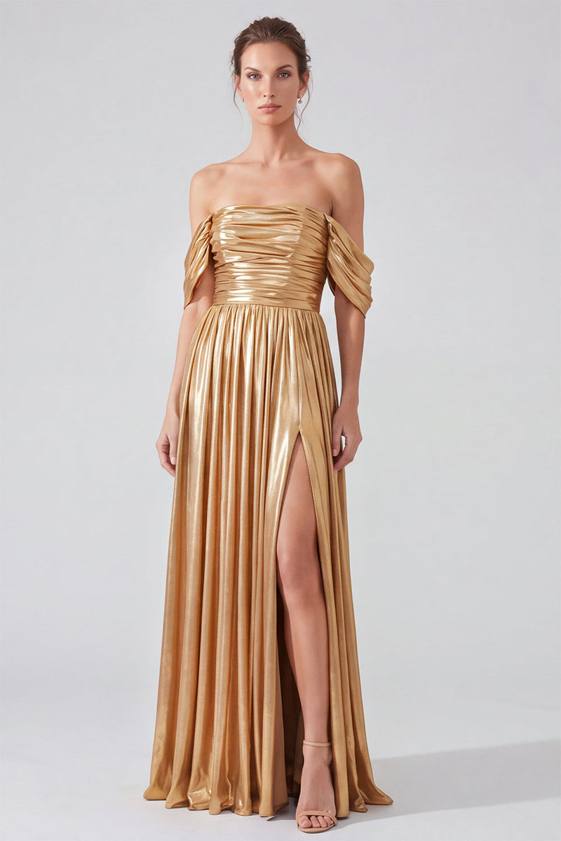 Load image into Gallery viewer, Gold Pleated Off The Shoulder A Line Long Formal Dress with Slit