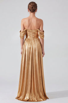 Gold Pleated Off The Shoulder A Line Long Formal Dress with Slit