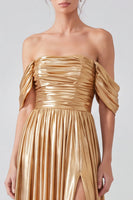 Load image into Gallery viewer, Gold Pleated Off The Shoulder A Line Long Formal Dress with Slit
